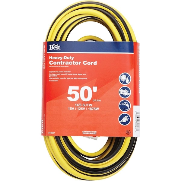 All-Source SJTW Extension Cord, 14 AWG, Outdoor, 14/3, 1 Outlets, Black/Yellow, 50 ft OU-JTW-143-50-YLWS - main